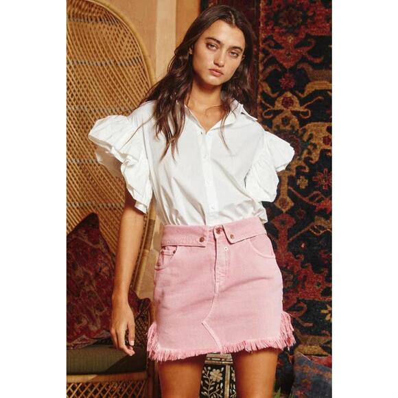 Pink Folded Waistband Raw Edge Hem Denim Mini Skirt - Picture 3 of 16